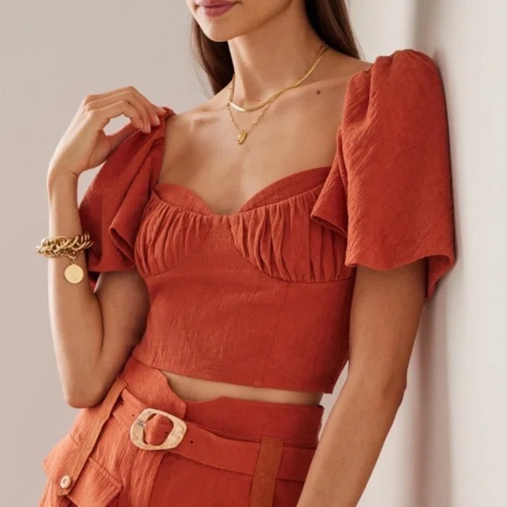 NWT Jonathan Simkhai Burnt Orange Puff-sleeve Linen Jacquard Crop Top